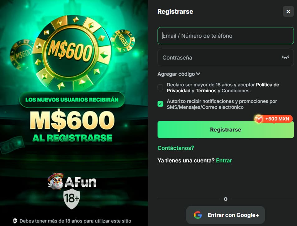 Bono de bienvenida Afun Casino México con giros gratis